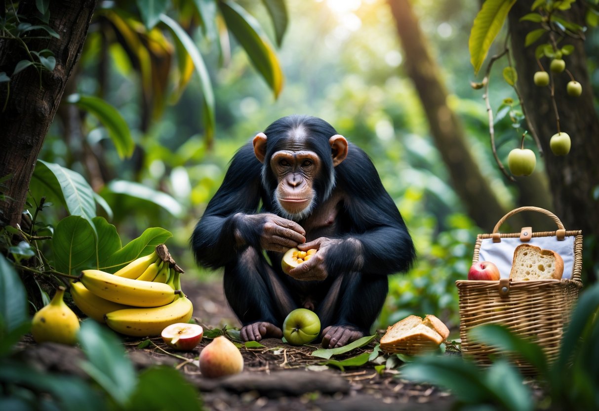 A chimpanzee in a forest holding a piece of fruit, surrounded by natural plants and fruits, with a picnic basket containing human food blurred in the background.