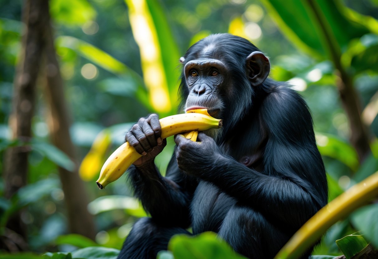 A chimpanzee sitting in a jungle eating a banana.