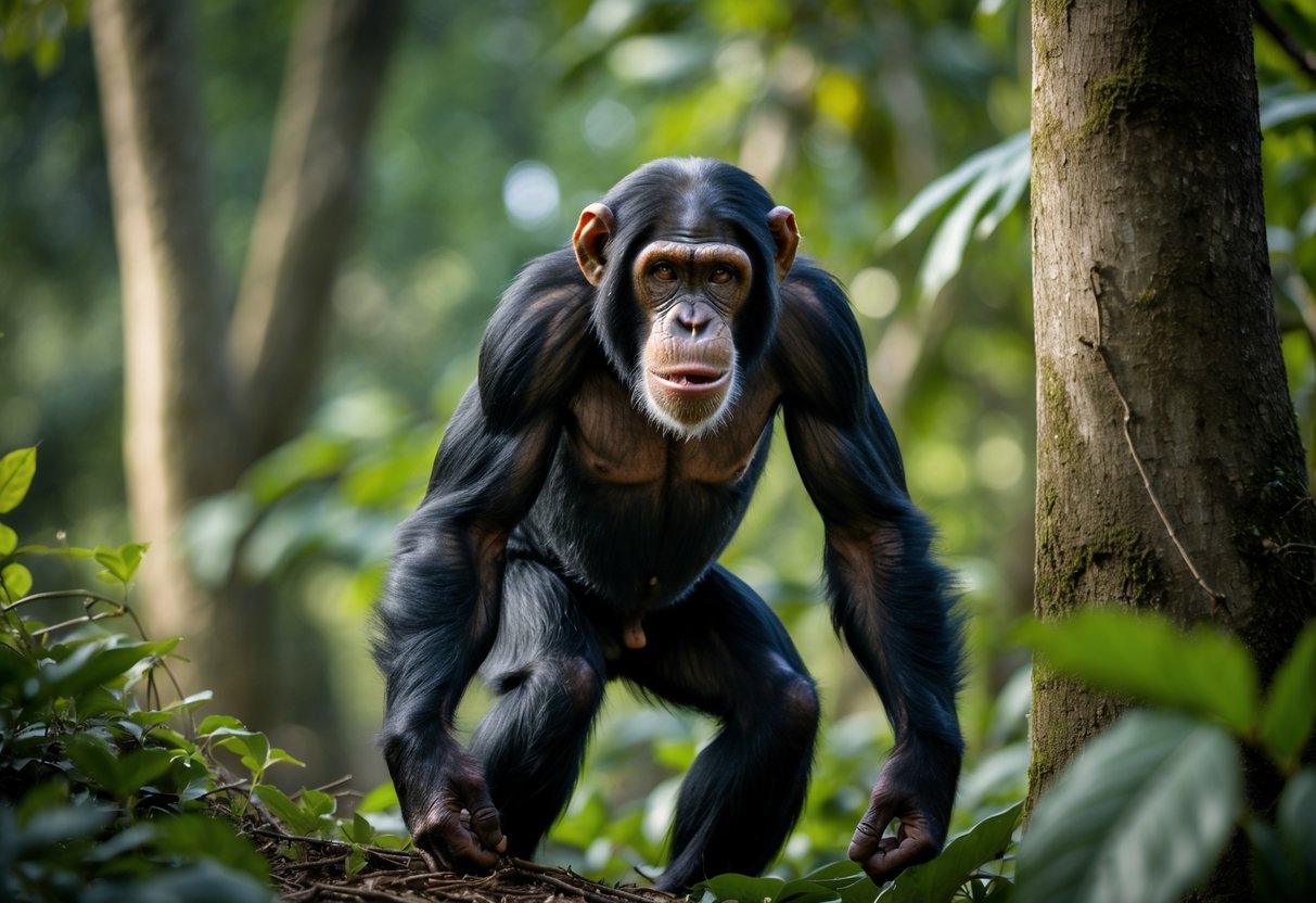 A chimpanzee standing on the ground in a forested area, looking alert and focused.