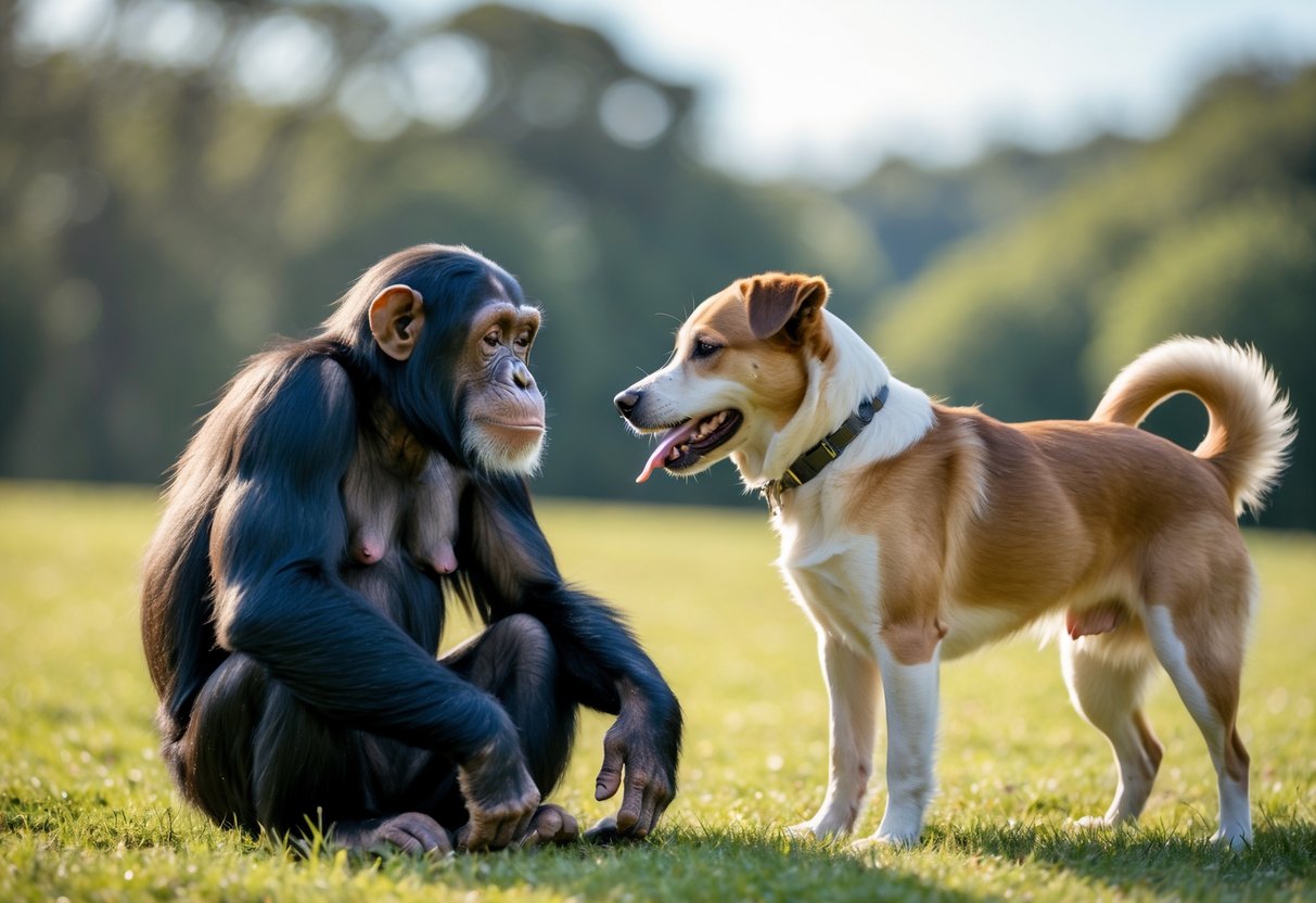 A chimpanzee and a dog facing each other on grass in a peaceful outdoor setting.