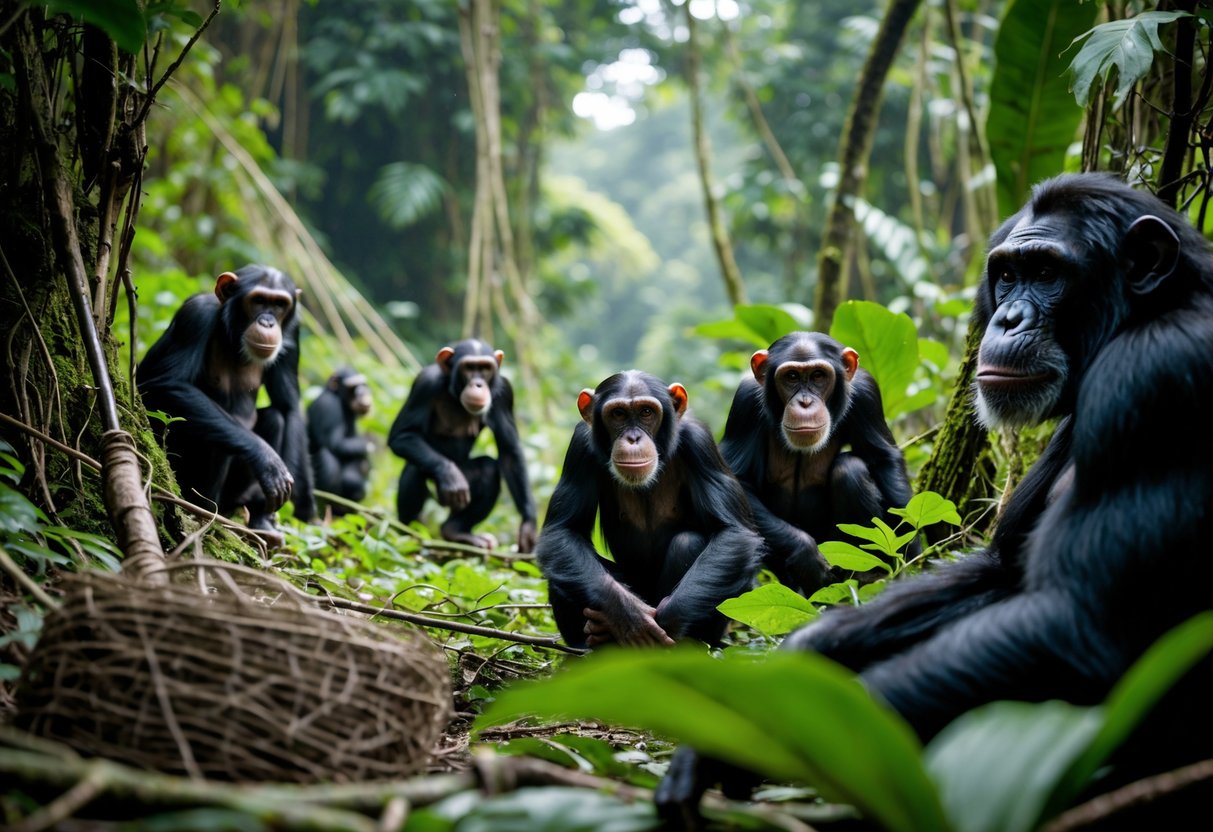 A group of chimpanzees in a dense rainforest near a hidden trap, surrounded by lush green vegetation.