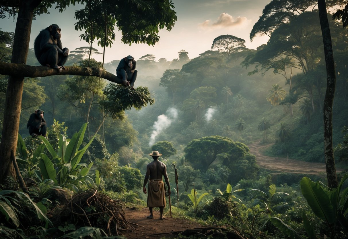 A group of chimpanzees in a dense forest with a local villager nearby holding a simple tool, surrounded by signs of human activity like logging and smoke.