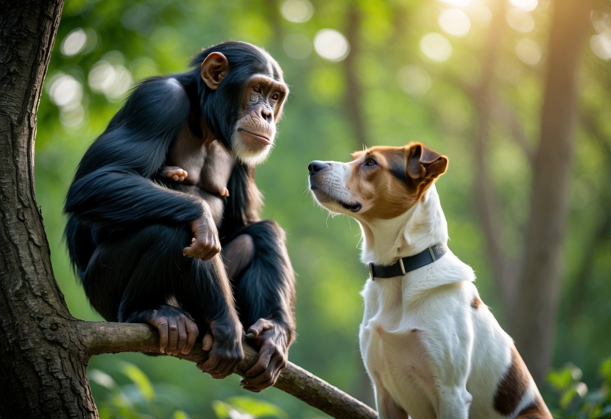 A chimpanzee sitting on a tree branch and a dog standing on the ground facing each other in a forest.