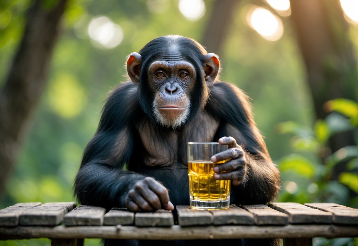 A chimpanzee sitting outdoors at a wooden table holding a glass with a golden liquid.