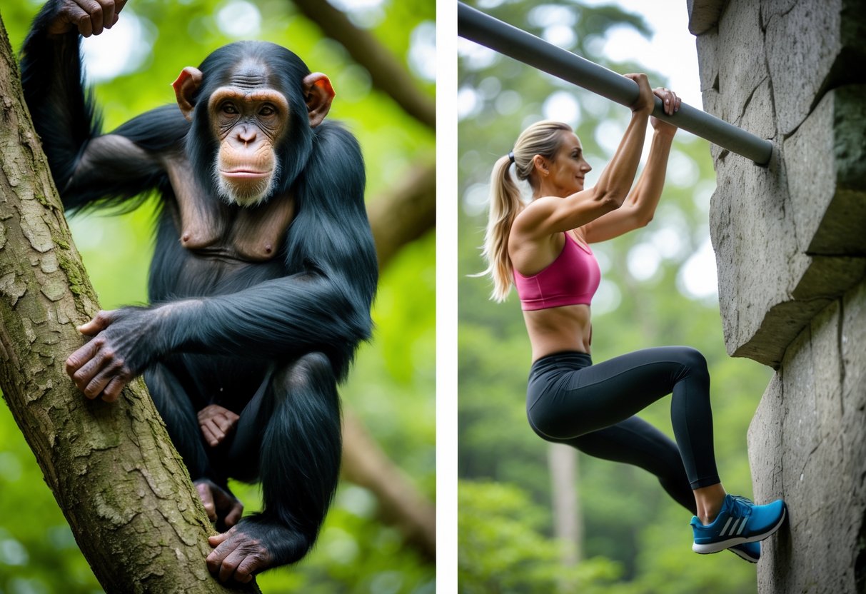 A chimpanzee climbing a tree and a human climbing a rock wall side by side in an outdoor setting.