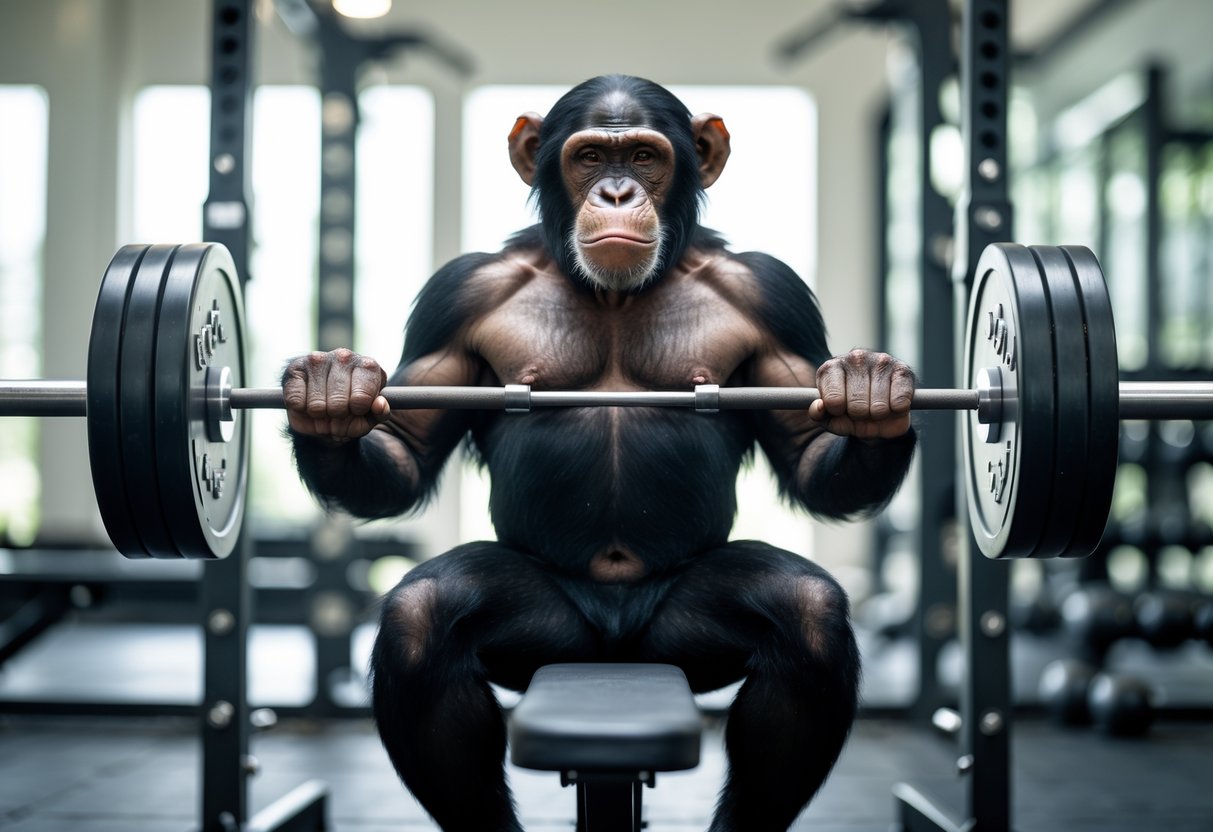 A chimpanzee sitting on a bench press bench holding a barbell in a gym.
