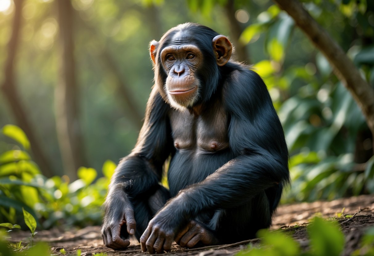 A chimpanzee sitting calmly outdoors with a gentle expression surrounded by green foliage.