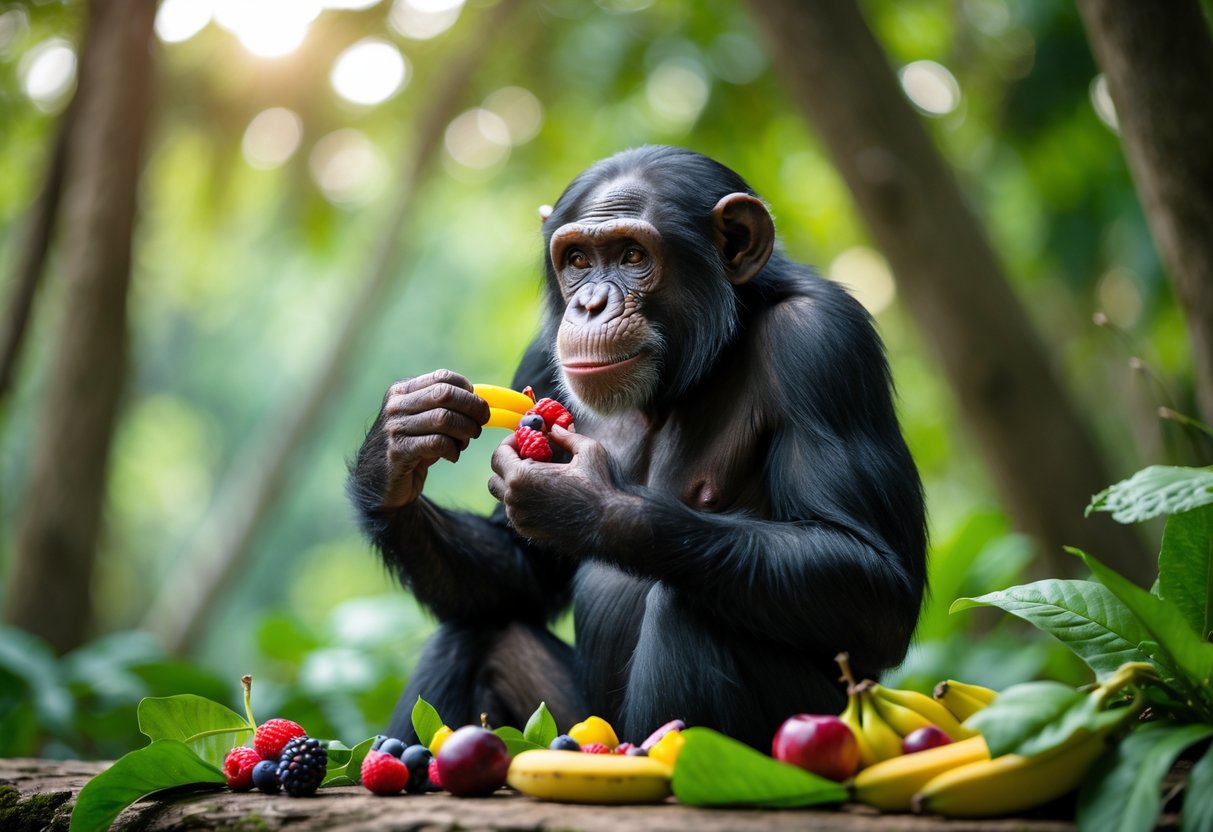 A chimpanzee sitting in a forest eating fruits and leaves.