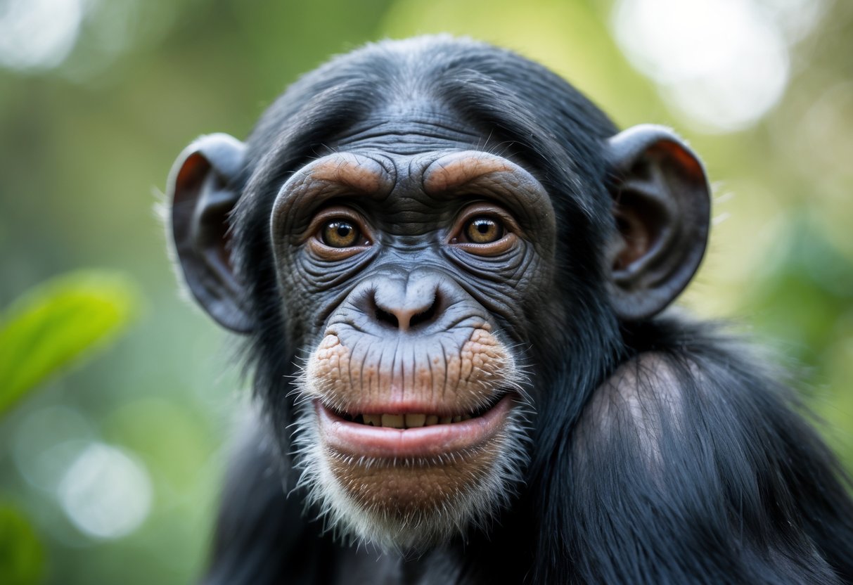 A chimpanzee smiling warmly while looking directly at the camera with a blurred green background.
