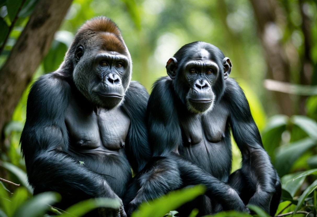 A gorilla and a chimpanzee sitting close together in a green jungle setting.