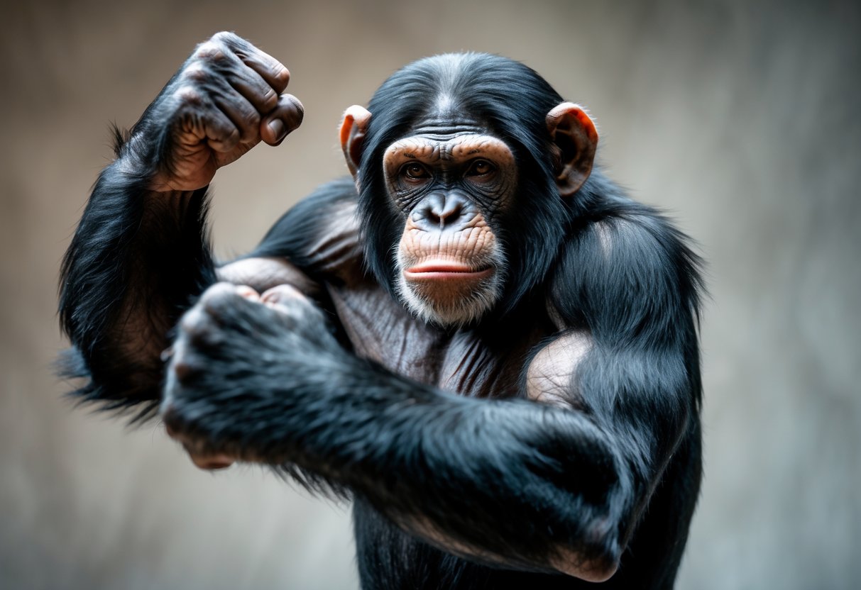 A chimpanzee throwing a punch with a focused expression in a neutral studio setting.