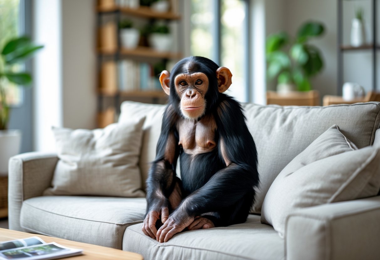 A young chimpanzee sitting calmly on a sofa in a modern living room with natural light and home decor.