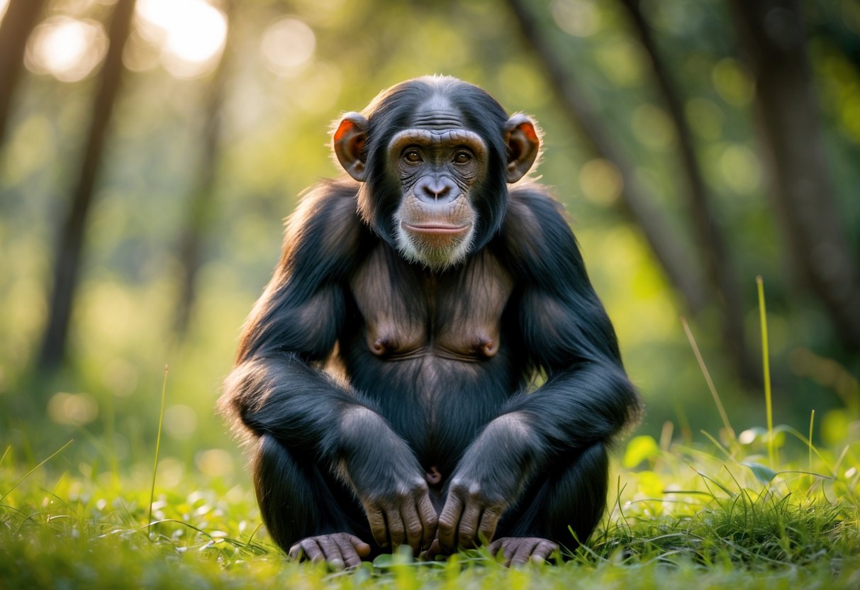 A chimpanzee sitting calmly on grass, looking directly ahead with a gentle expression in a forest setting.
