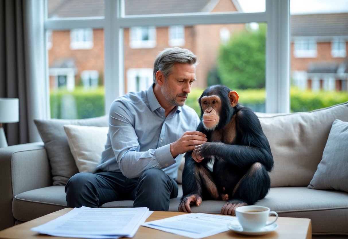 A man petting a calm chimpanzee in a bright living room with legal documents on a table nearby.