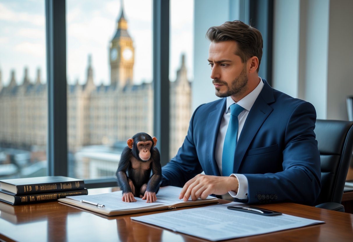 A lawyer in an office reviewing legal documents with a chimpanzee figurine on the desk and a cityscape visible through the window.
