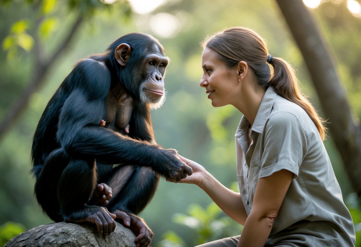 A chimpanzee and a human looking at each other closely in a forest setting.