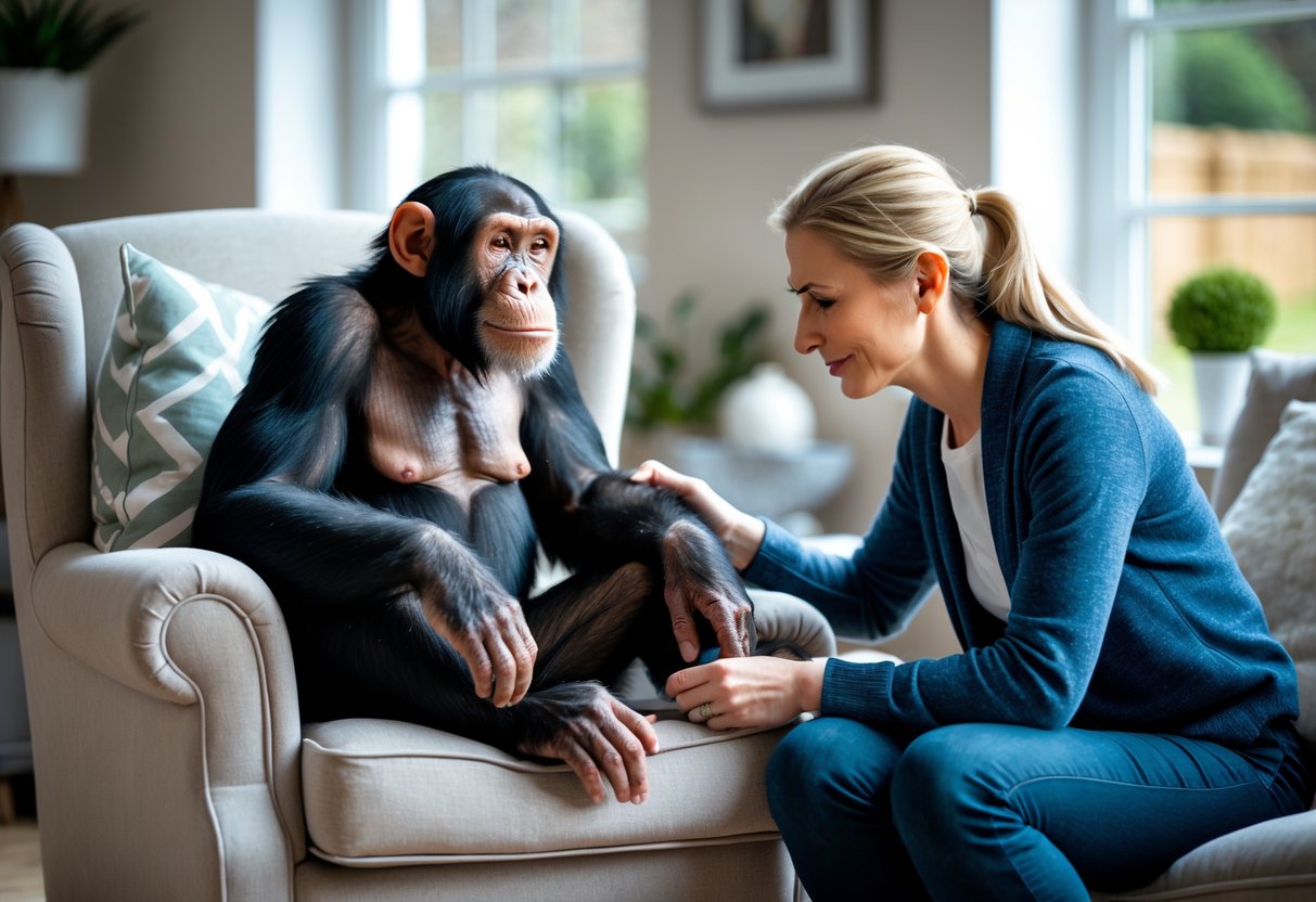 A chimpanzee sitting on an armchair in a living room while a person gently interacts with it.
