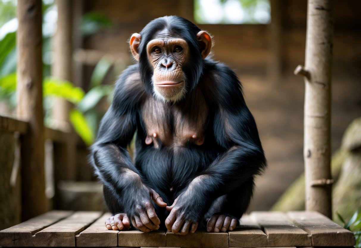 An adult pet chimpanzee sitting calmly on a wooden platform in a natural indoor setting with plants in the background.