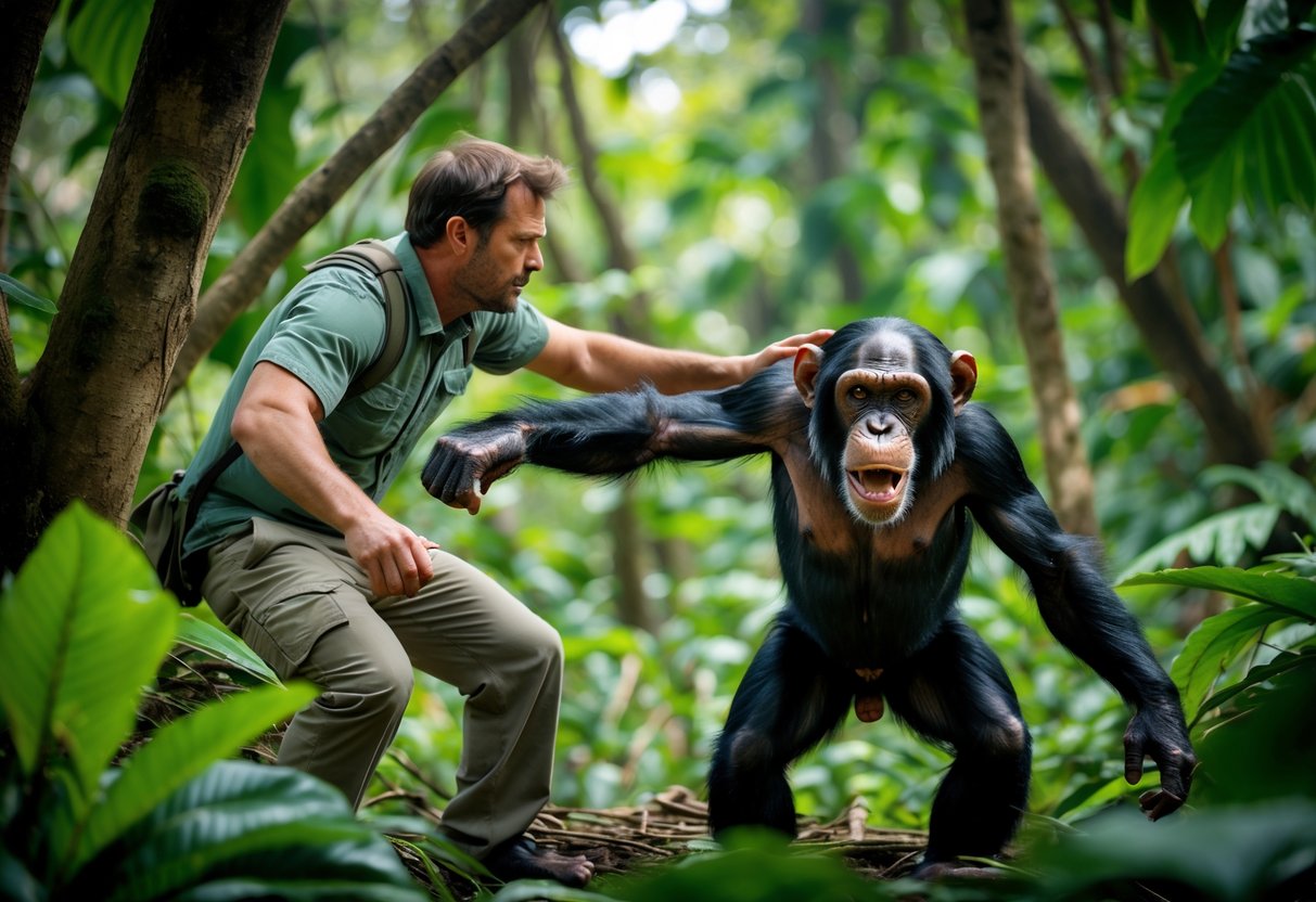 A man in a forest raising his arm defensively as an aggressive chimpanzee lunges toward him.