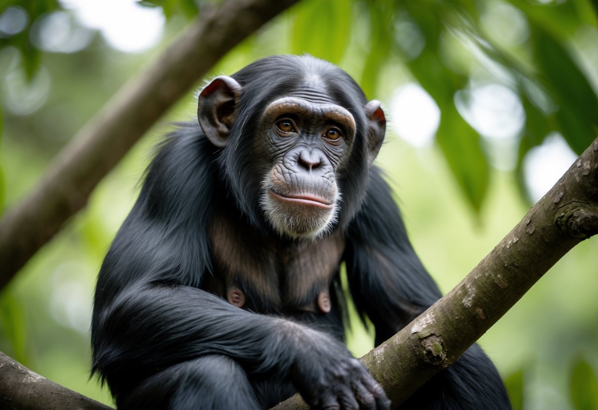 A chimpanzee sitting on a tree branch, looking slightly away from the camera in a green forest setting.