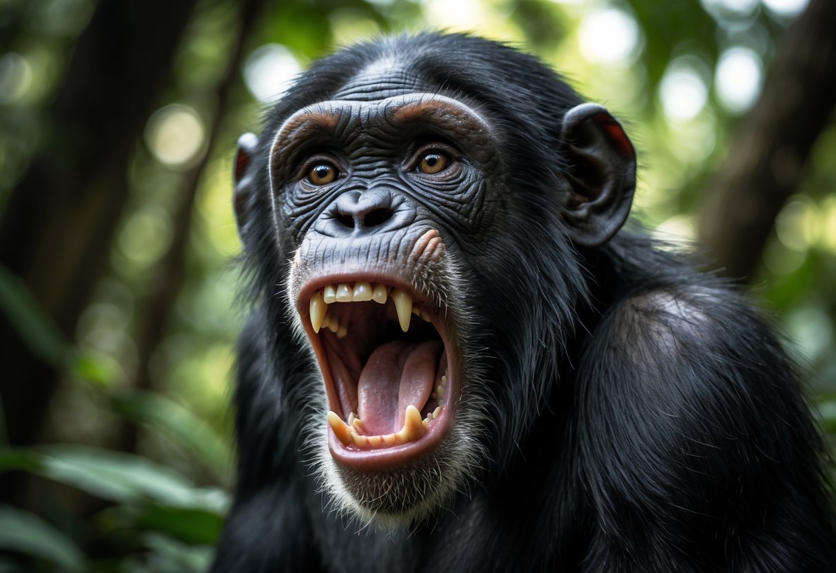 A wild chimpanzee in a forest captured mid-scream with its mouth open and intense expression.