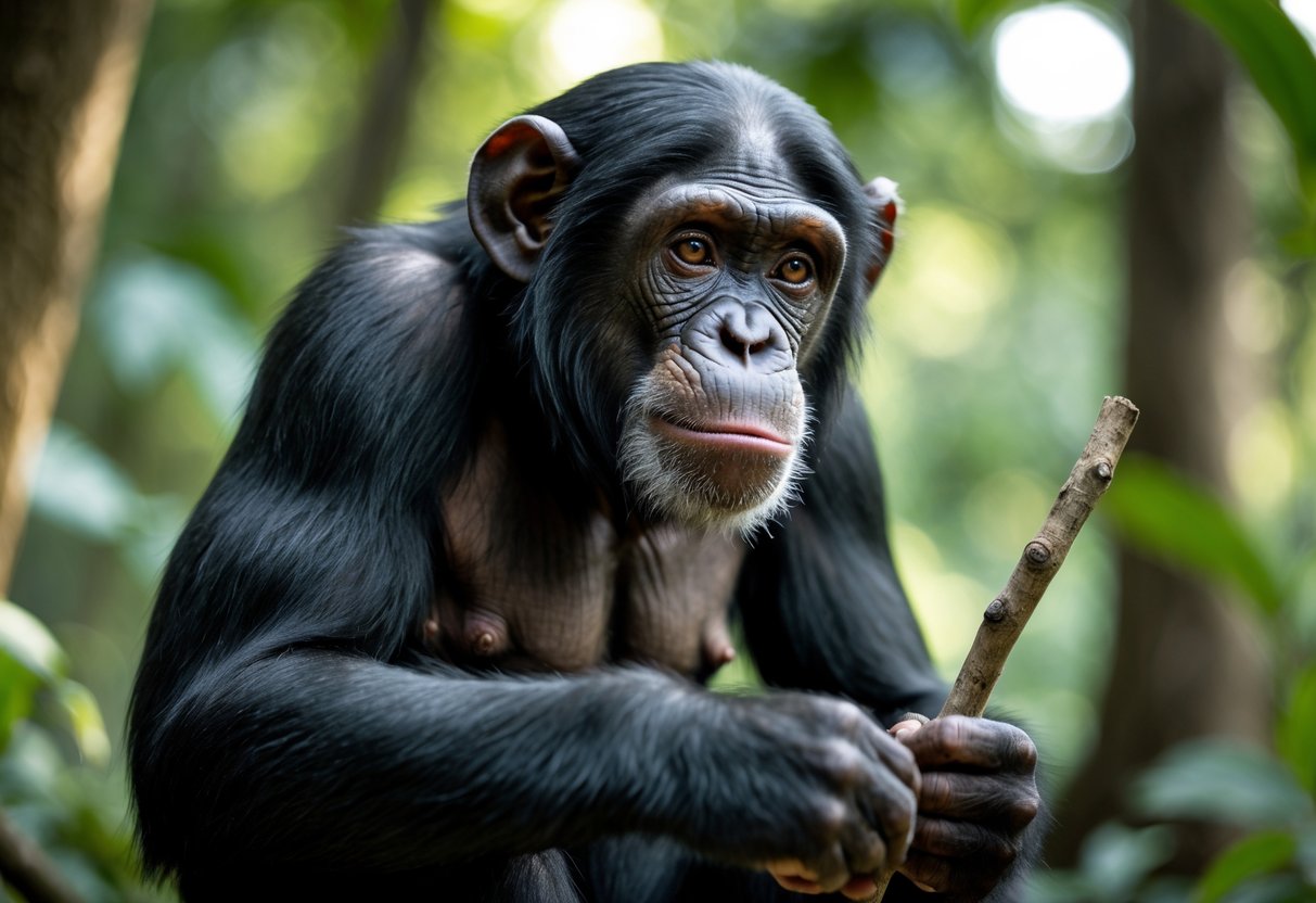Close-up of a chimpanzee sitting in a forest, holding a stick and looking thoughtful.