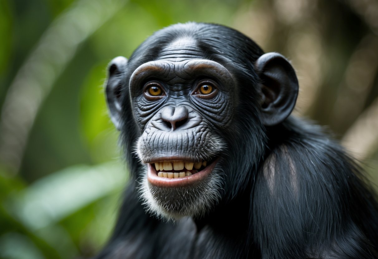 Close-up of a chimpanzee looking at the camera with a facial expression similar to a human smile.