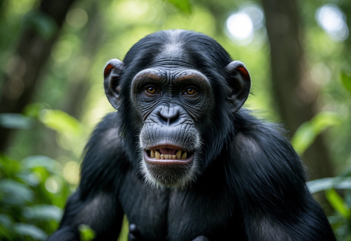 Close-up of a chimpanzee with an intense expression in a forest setting.