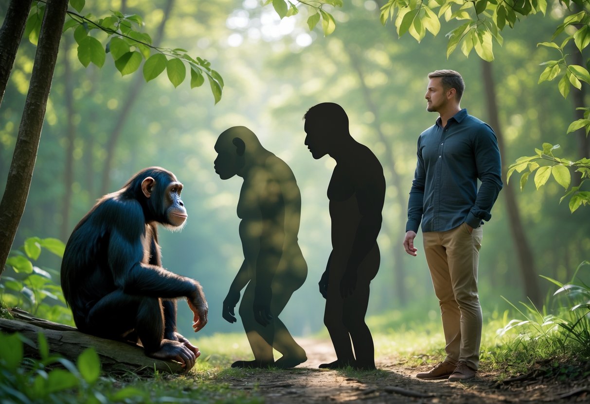 A chimpanzee and a human facing each other in a forest clearing with a series of fading silhouettes between them representing evolution.