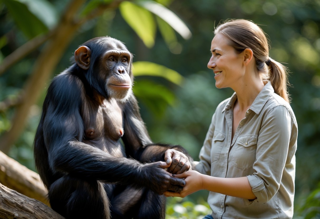 A chimpanzee gently holding hands with a smiling human outdoors surrounded by green foliage.