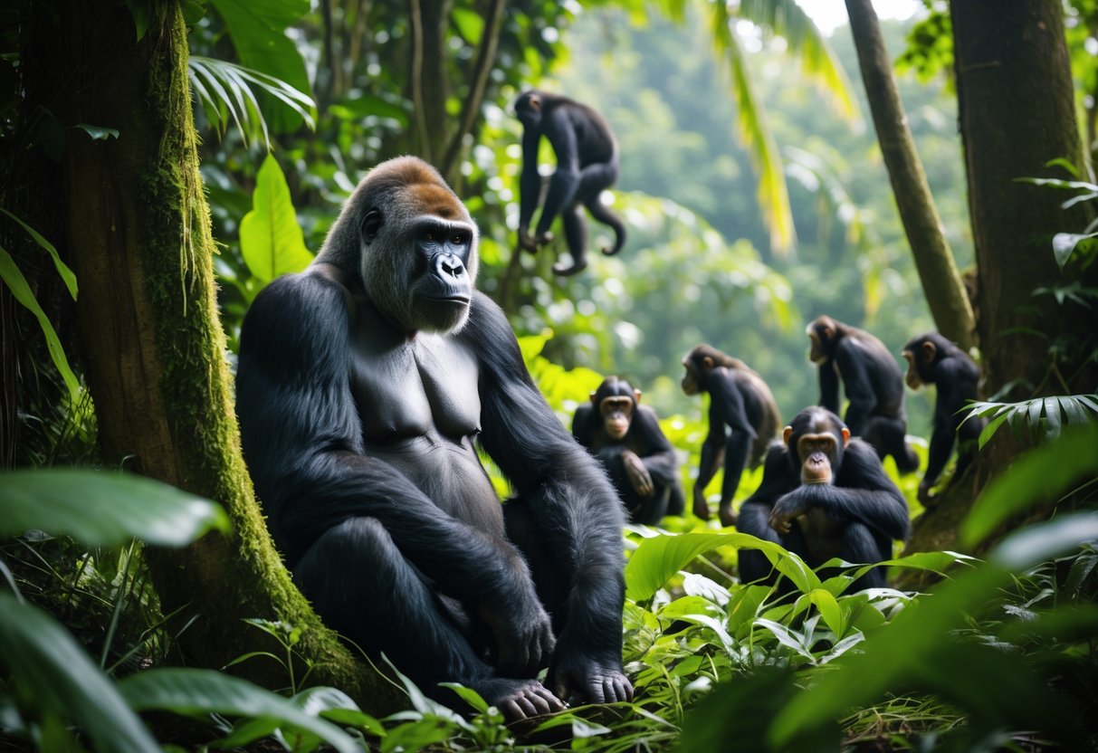A silverback gorilla sitting calmly on the forest floor with chimpanzees climbing trees and interacting nearby in a dense tropical rainforest.