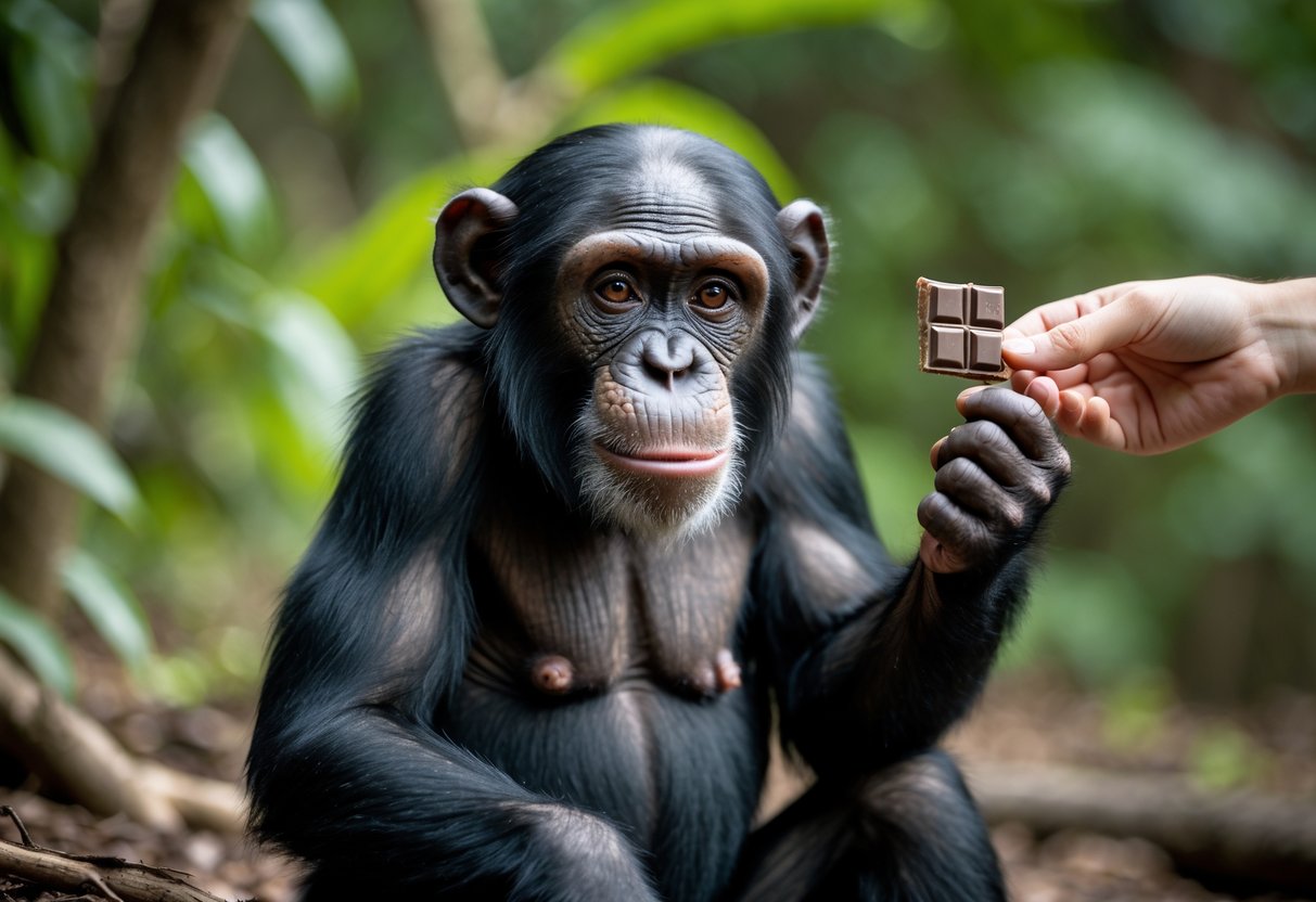 A chimpanzee reaching out toward a piece of chocolate held by a human hand in a green outdoor setting.