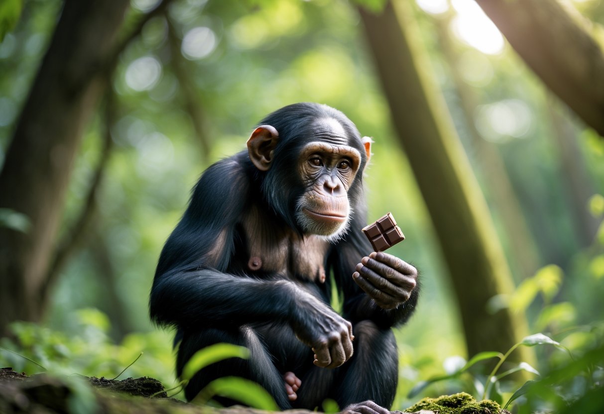 A chimpanzee sitting in a forest holding a small piece of chocolate and looking at it.