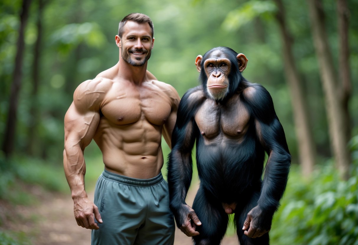 A muscular man and a chimpanzee standing side by side outdoors in a green forest.