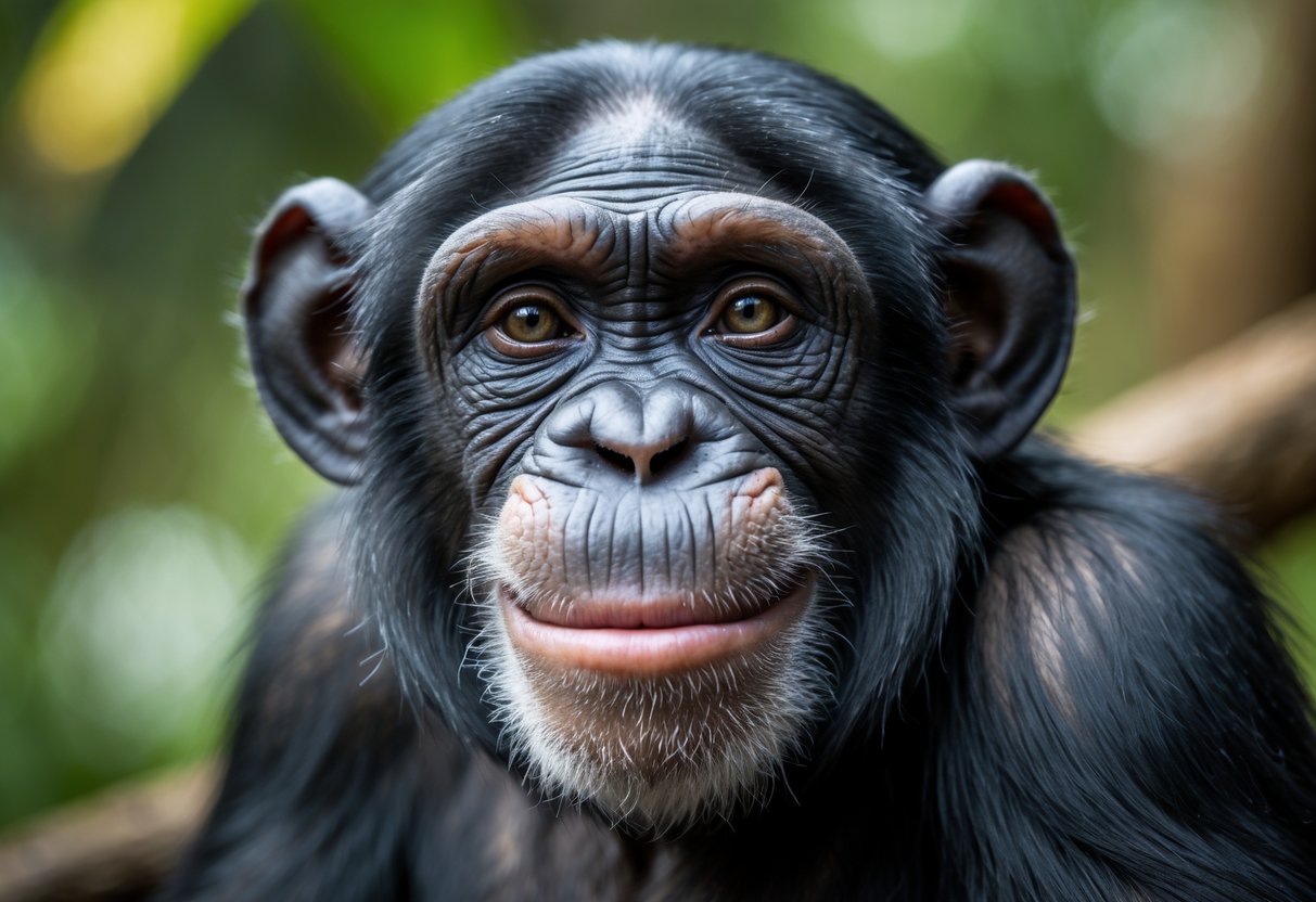 Close-up of a chimpanzee smiling gently with green foliage in the background.