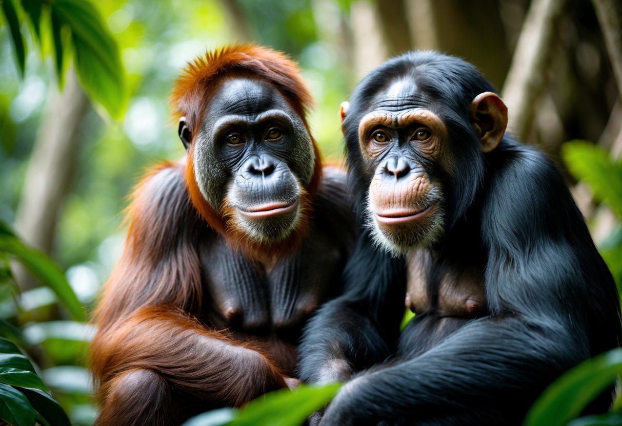 An orangutan and a chimpanzee sitting together in a green jungle, looking thoughtfully towards the camera.