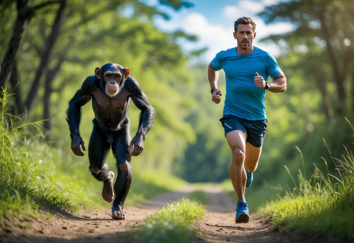 A human and a chimpanzee running side by side on a forest trail, both in motion during a chase.