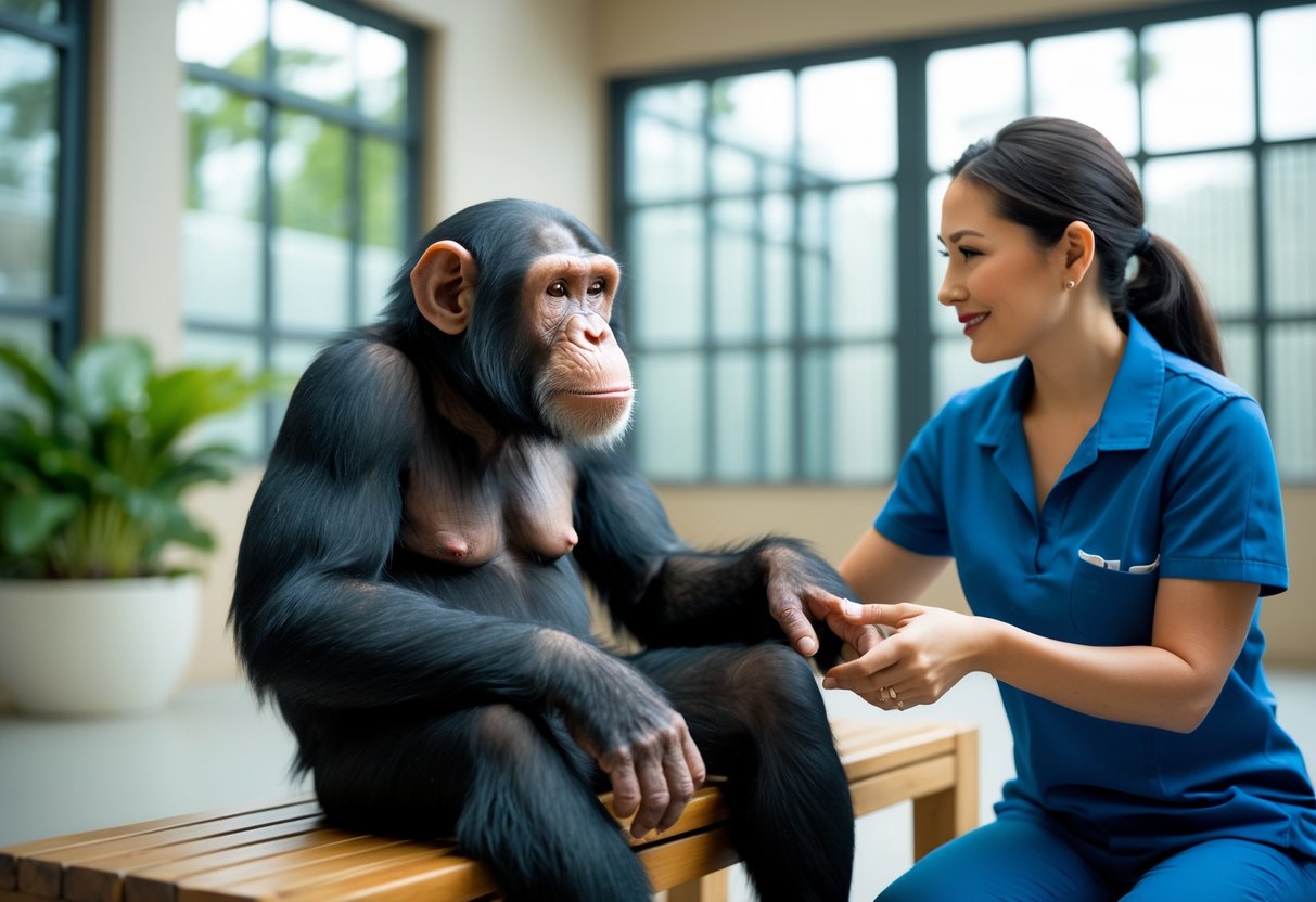 A chimpanzee sitting calmly on a bench indoors while a person gently interacts with it in a secure, clean environment.