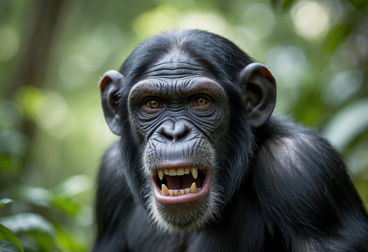 Close-up of a chimpanzee showing an angry facial expression in a forest setting.