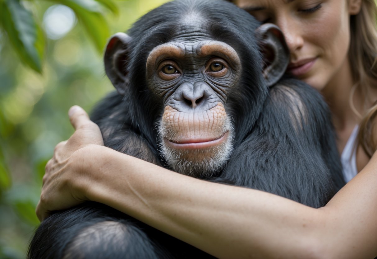 A chimpanzee being gently hugged by a person in a green outdoor environment.