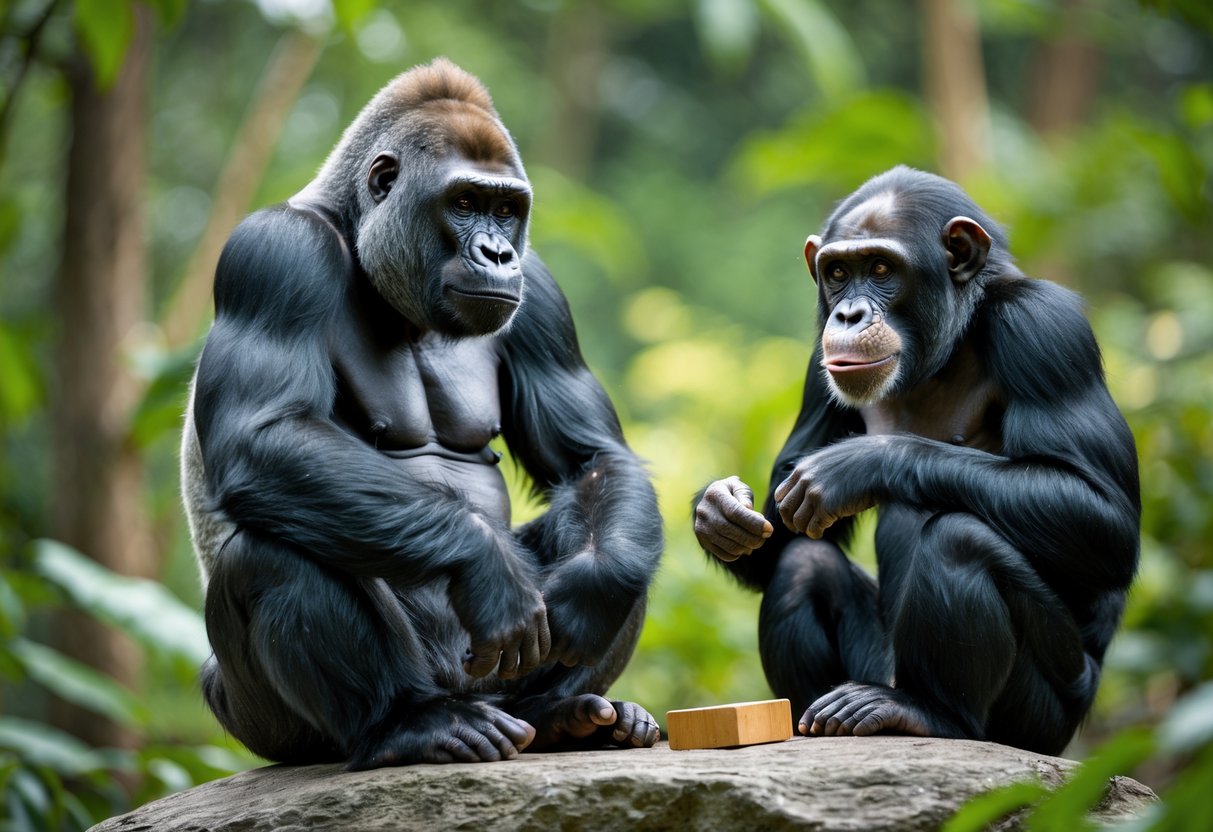 A gorilla sitting thoughtfully on a rock and a chimpanzee nearby interacting with a puzzle in a green forest setting.