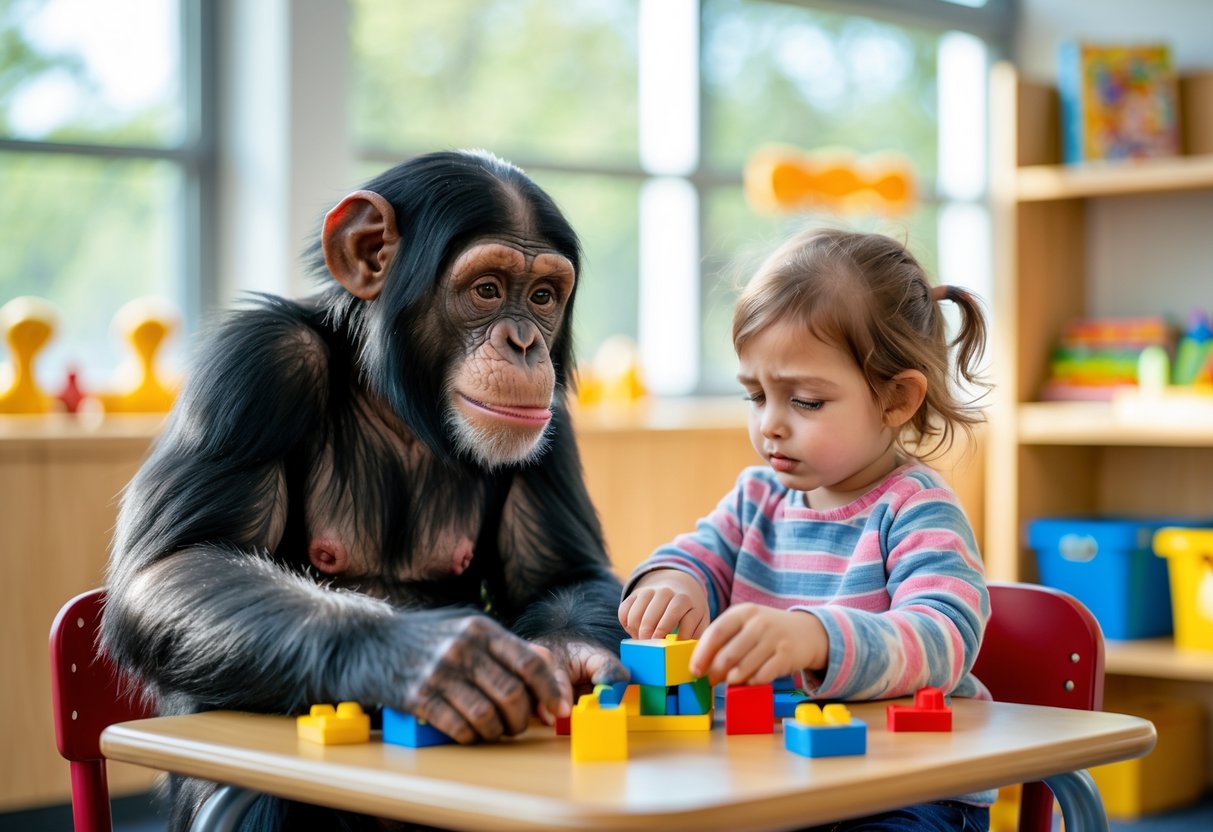 A young chimpanzee and a 5-year-old child sitting together at a table, engaged in an educational activity in a bright classroom.