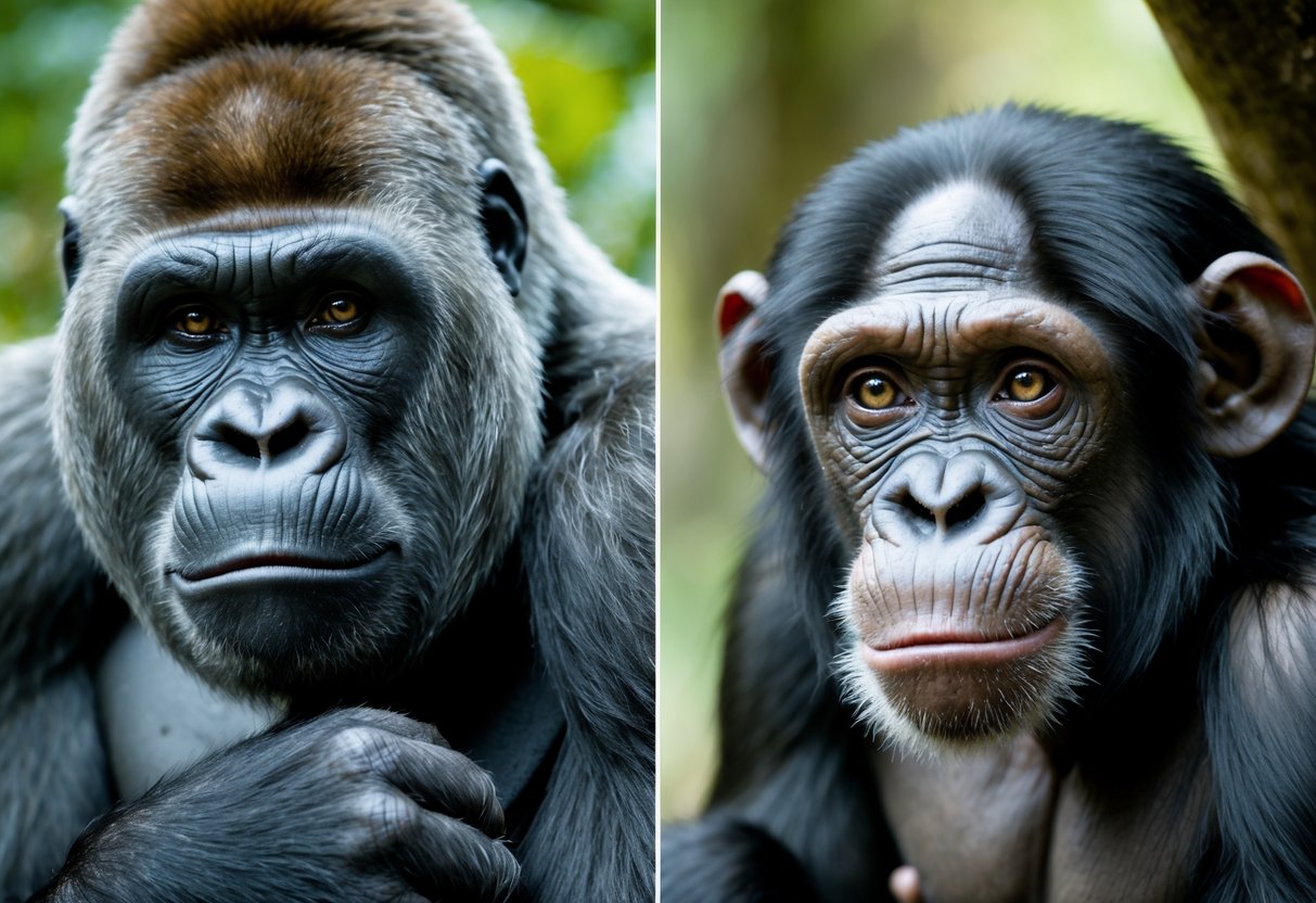 Close-up side-by-side view of a gorilla and a chimpanzee looking thoughtful in a jungle setting.