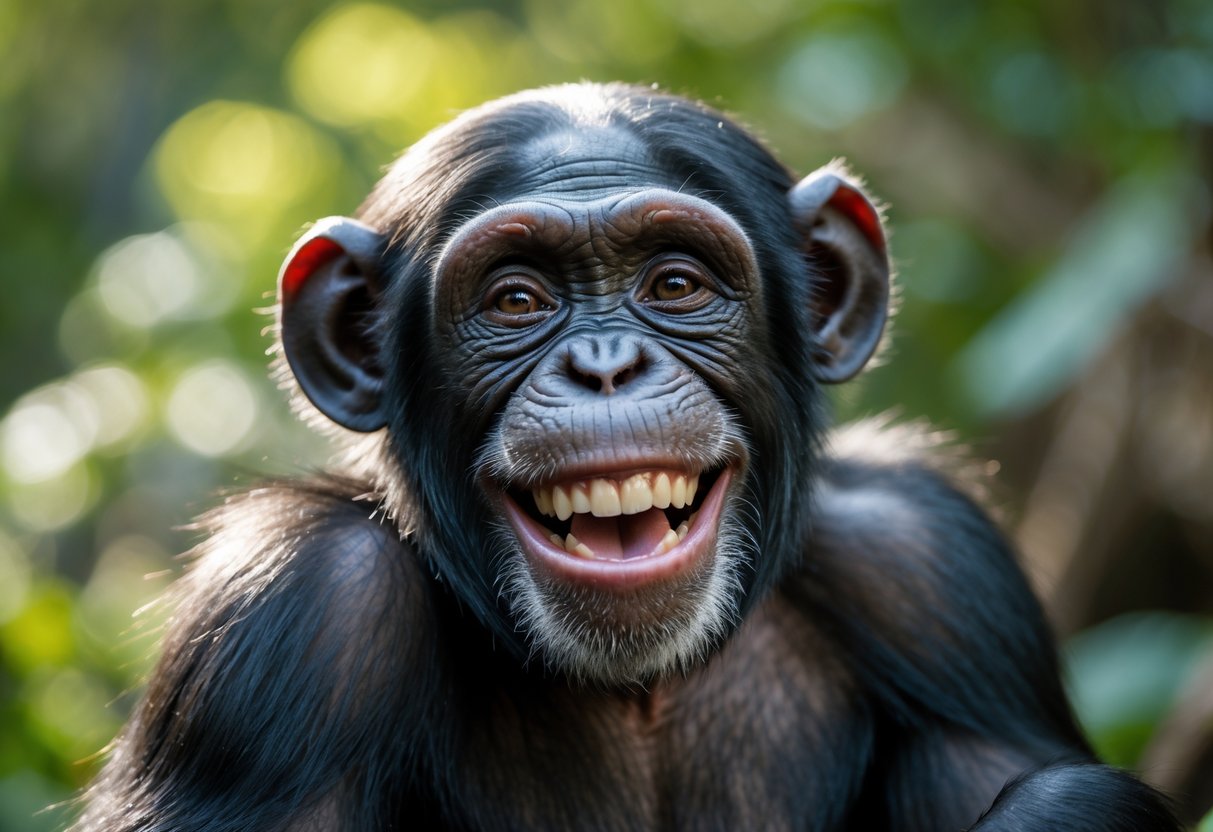 Close-up of a chimpanzee smiling happily in a natural outdoor environment.