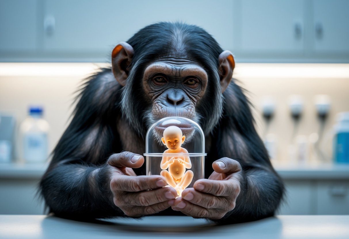 A chimpanzee gently holding a small transparent container with a human embryo inside in a laboratory setting.