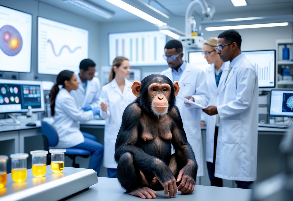 A chimpanzee inside a laboratory enclosure with scientists in lab coats discussing data and examining equipment nearby.