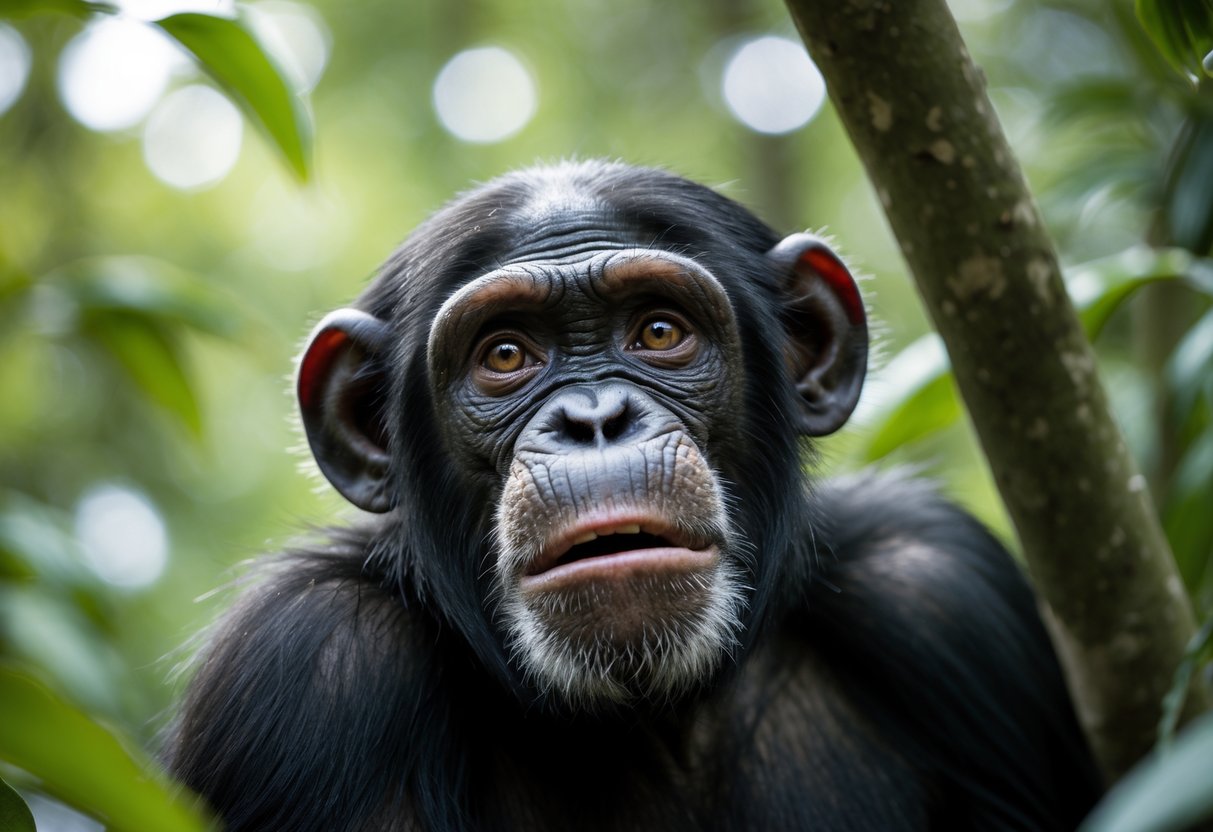 Close-up of a chimpanzee in a forest looking alert and cautious, with wide eyes and tense expression.