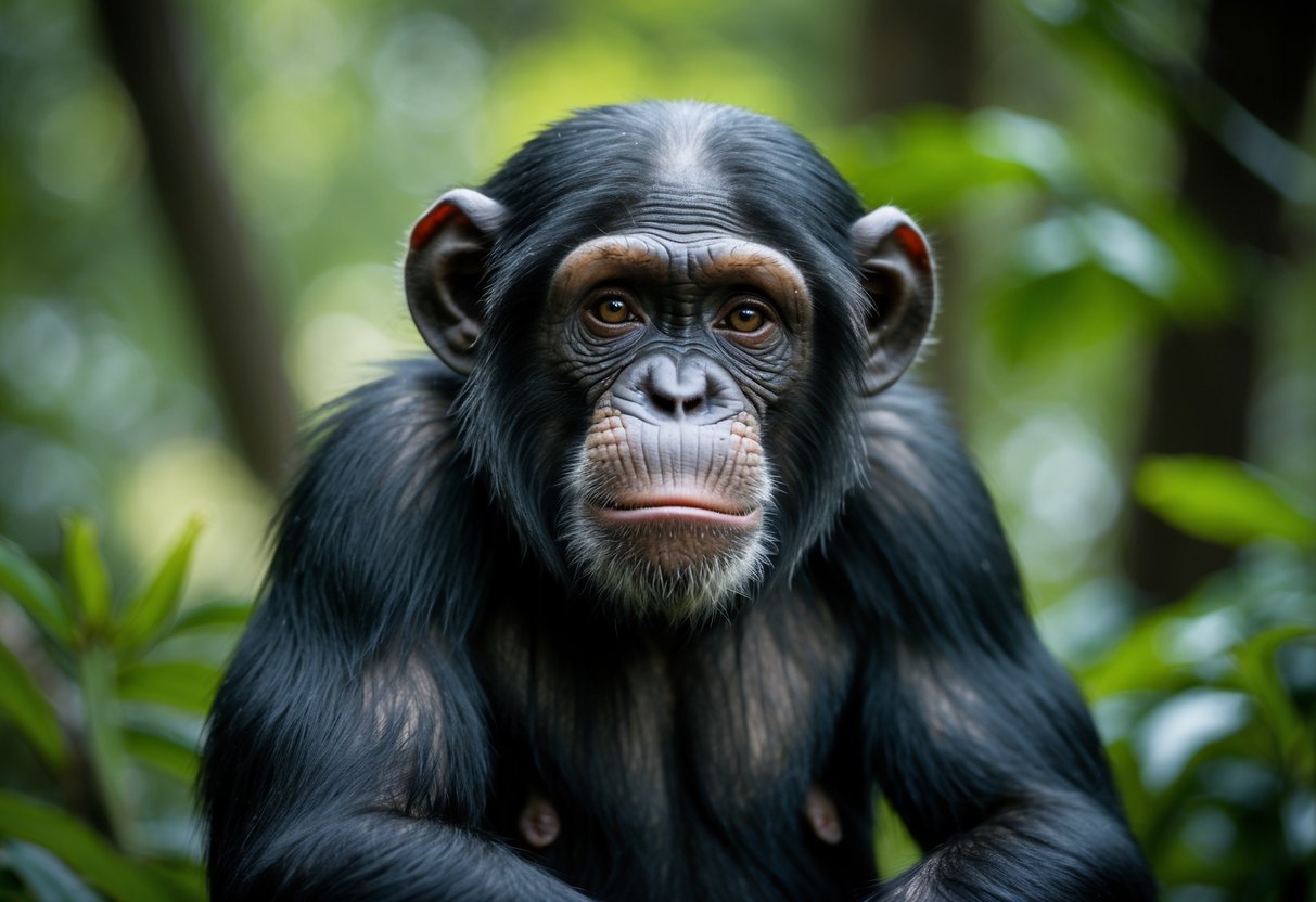 A close-up of a chimpanzee with tears near its eyes, sitting quietly in a forest.