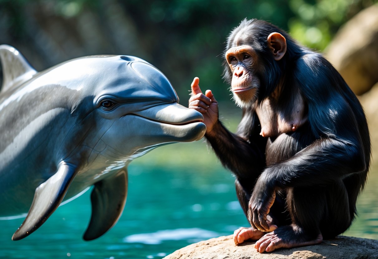 A dolphin emerging from water and a chimpanzee sitting nearby, facing each other in a natural setting.