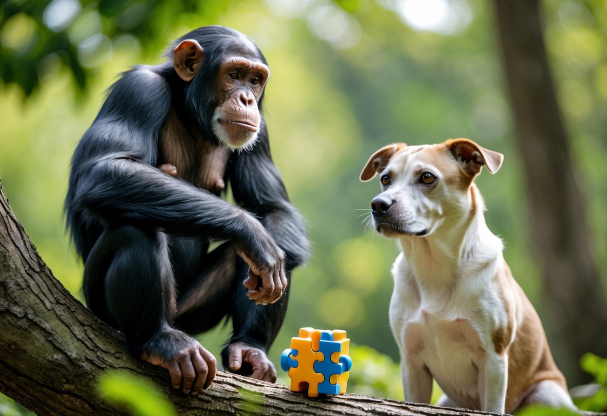 A chimpanzee sitting on a tree branch and a dog sitting next to a puzzle toy in a green outdoor setting, both looking attentive.